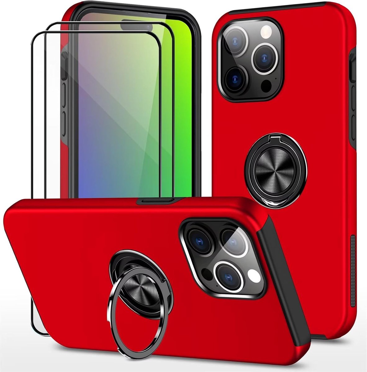 Beschermhoesje voor iPhone 15 Pro Max (6,7 inch) en 2 schermbeschermfolies van gehard glas, beschermhoes met ring, robuust, duurzaam, rood