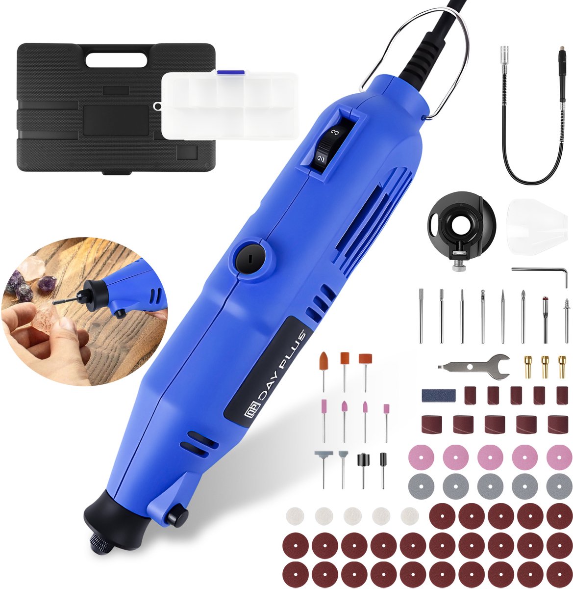 Multifunctioneel roterend gereedschapsset – 82 stuks accessoires, variabele snelheid, voor graveren, slijpen, polijsten en snijden, roterende schuurmachine met flexibele as, inclusief opbergkoffer