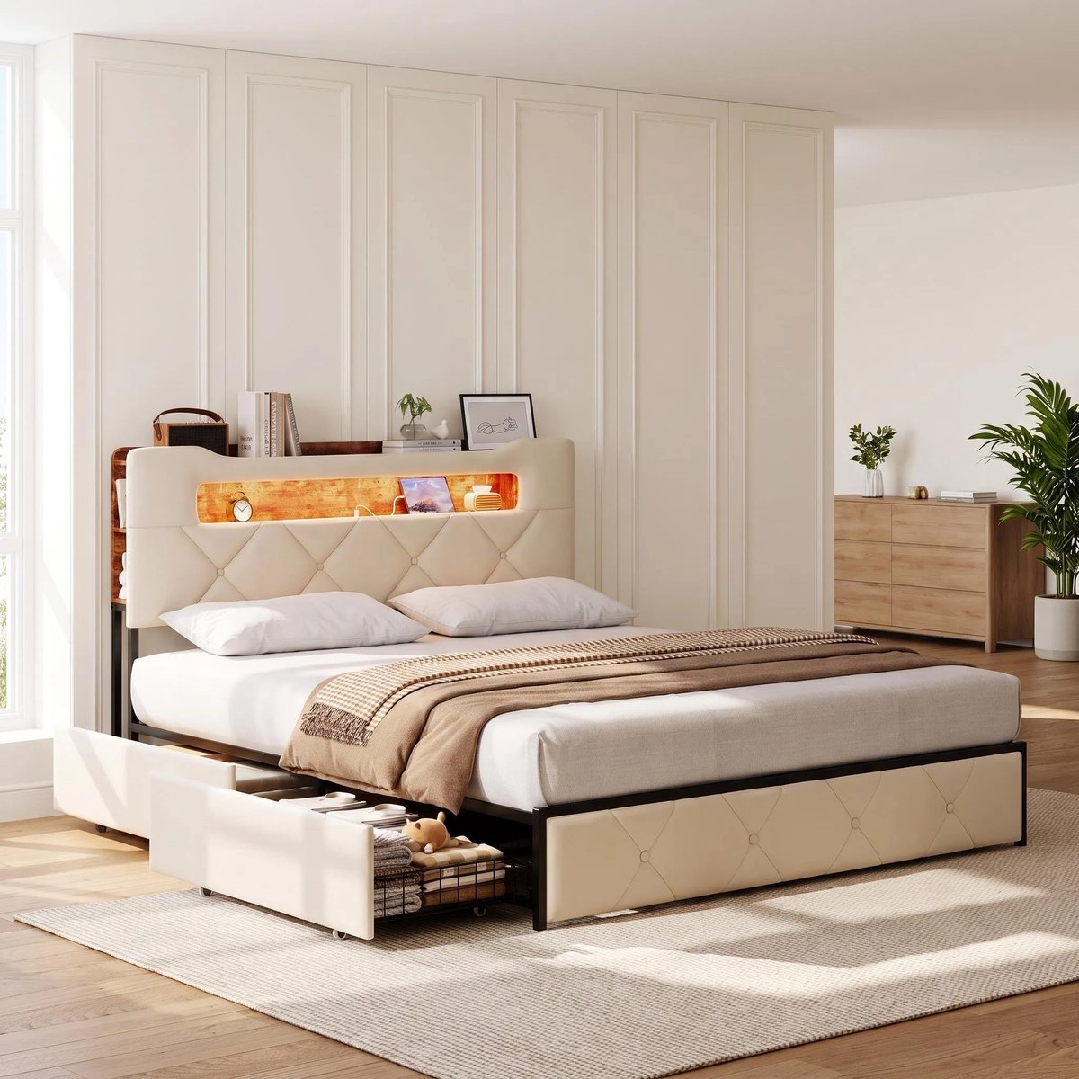 MEXUS Gestoffeerd Bed 160x200 cm met LED-verlichting, USB-C en 4 Lades – Tweepersoonsbed met Opbergruimte, Lattenbodem & Hoofdbord – Fluweel Beige – Zonder Matras