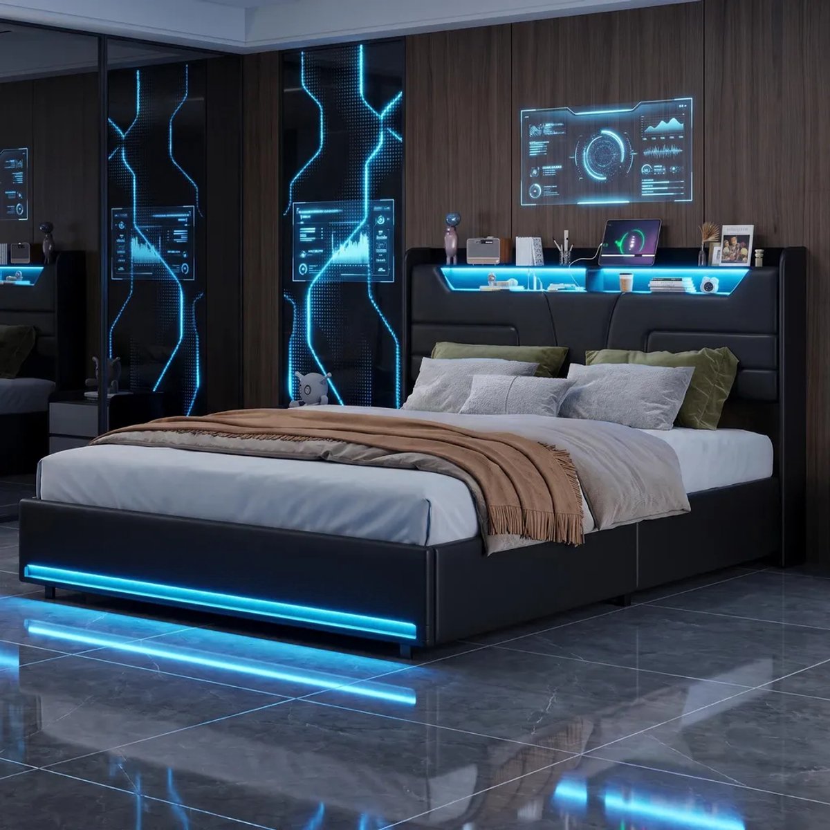 MEXUS Gestoffeerd Tweepersoonsbed 160x200 cm Zwart PU – Met LED‑verlichting, USB‑stopcontact, Lattenbodem en Hydraulische Opbergruimte, Zonder Matras