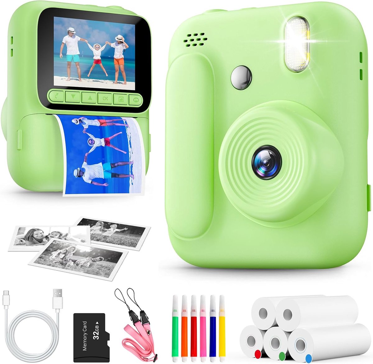 Print Camera voor kinderen, 1080P Instant Camera met 5 rollen printpapier, 32GB kaart en gekleurde pennen, draagbare digitale camera voor jongens en meisjes van 3-14 jaar-Groente