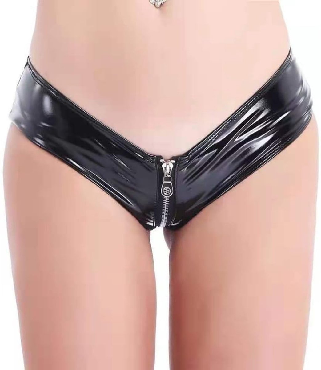 leren mini-broekje met ritssluiting, wetlook, latex, string, push-up, hipster, slip, lage taille, ondergoed, pvc, nauwsluitend string, elastisch, ademend, tanga, glanzend, disco