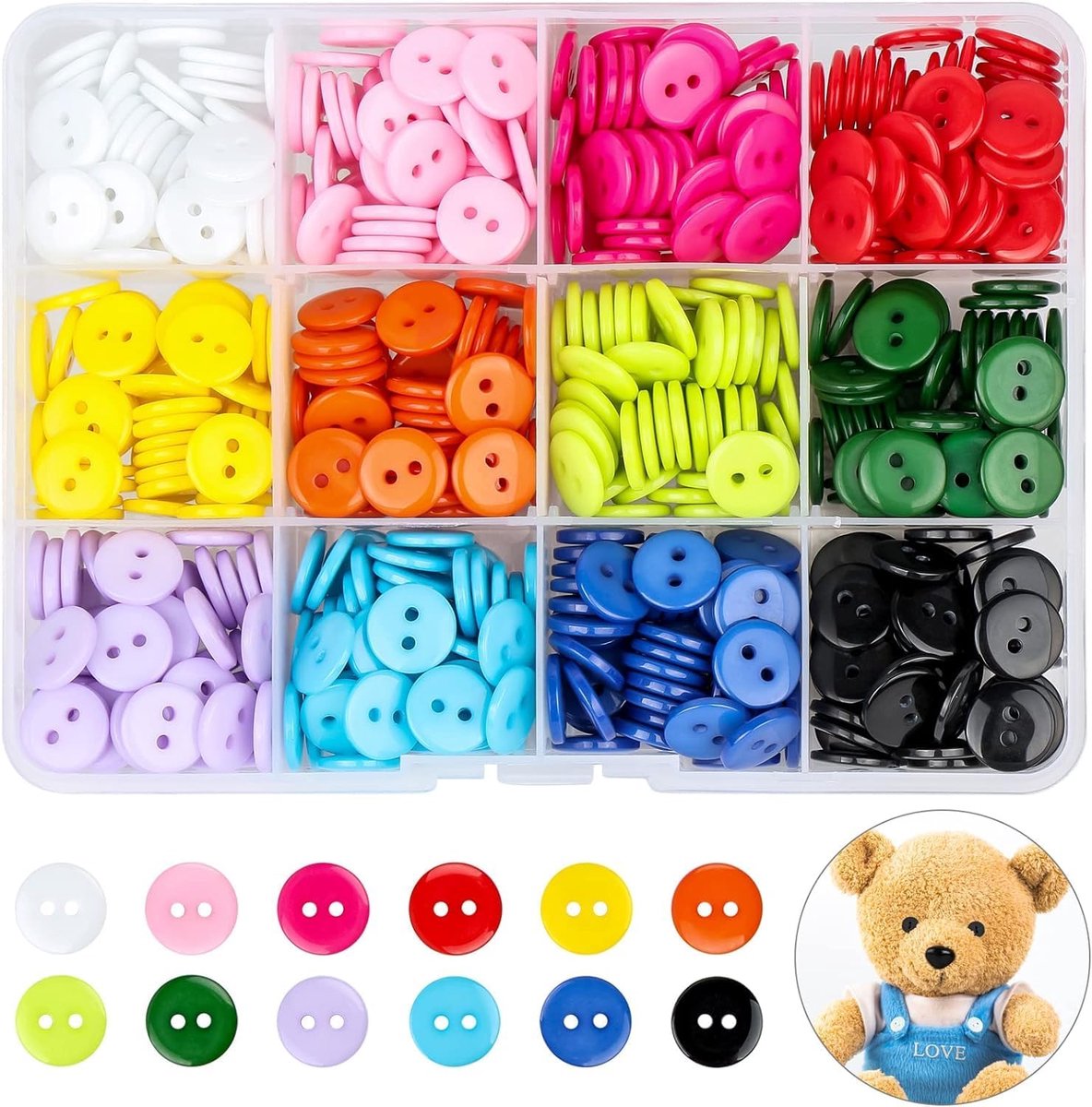 Knopen 11.5 mm 2-Gaats Harsknopen Ronde Knopen met Opbergdoos voor Naaien Kinderen DIY Craft Scrapbooking en Decoreren, 12 Kleuren