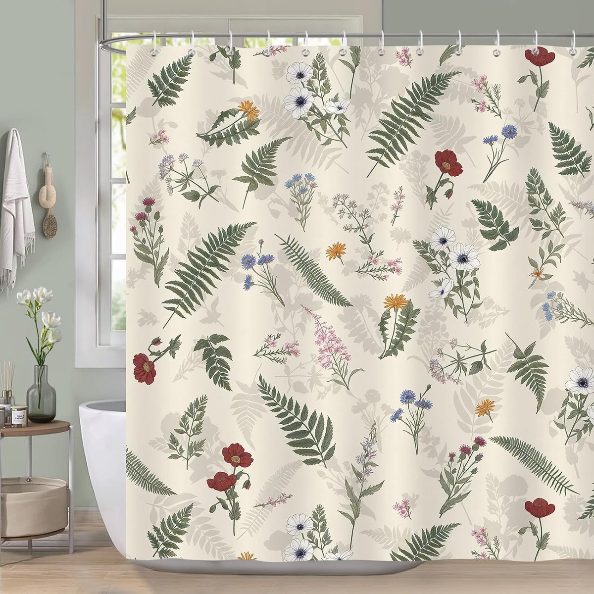Douchegordijn met bloemenbladeren, vintage bloemen varenblad natuur boho douchegordijn waterdicht polyester voor badkamer met 12 haken, 182 x 183 cm