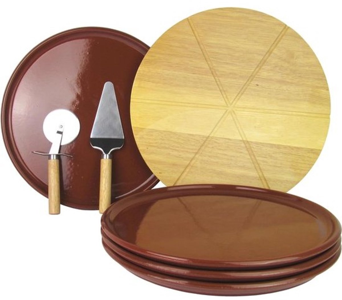 Lentz Set van 4 klei pizzaborden Ø 32 cm incl. echt hout pizzabord - roestvrij staal pizzasnijder & pizzasnijder