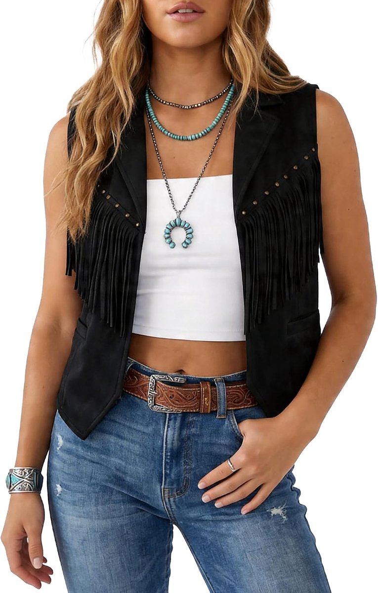Suède vest hippie vest met franjes mouwloos vintage jas elegante korte franjes jassen Oktoberfest carnaval kostuums disco outfit