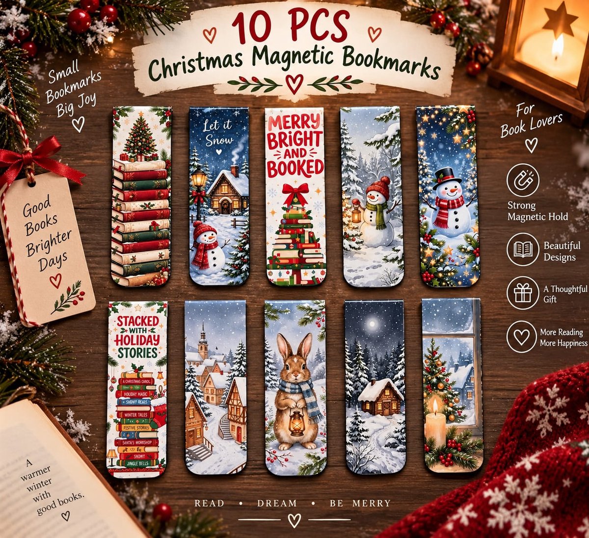 Viwado® Magnetische Kerst Boekenleggers 10 Stuks – Kerst Boekenlegger Set met Kerstboom, Sneeuwpop, Konijn, Winterhuisjes en Boekenmotieven – Leesmarker voor Boeken en Romans – Kerstcadeau voor Boekenliefhebbers, Lezers en Book Lovers