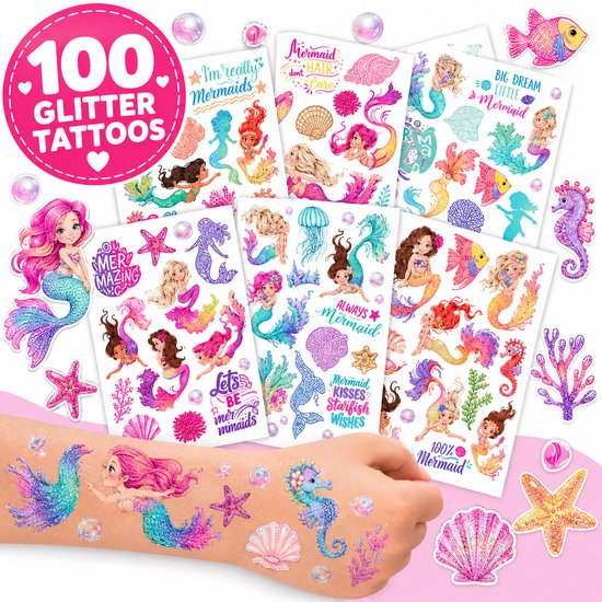 Glitter Tattoos Zeemeerminnen - 100 Plak Tattoos Kinderen - Neptattoos Meisjes