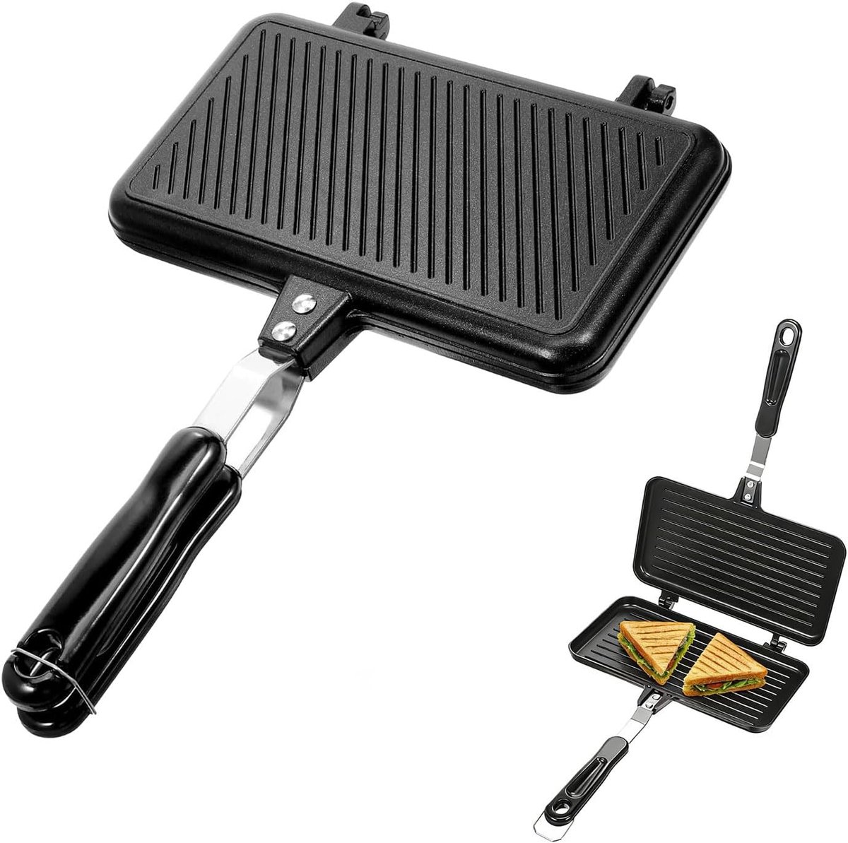 Campingbraadpan, sandwichmaker, aluminium broodrooster en sandwichtoaster, inklapbaar wafelijzer voor outdoor, grill en campingkeuken, veelzijdige opvouwbare broodrooster voor sandwiches