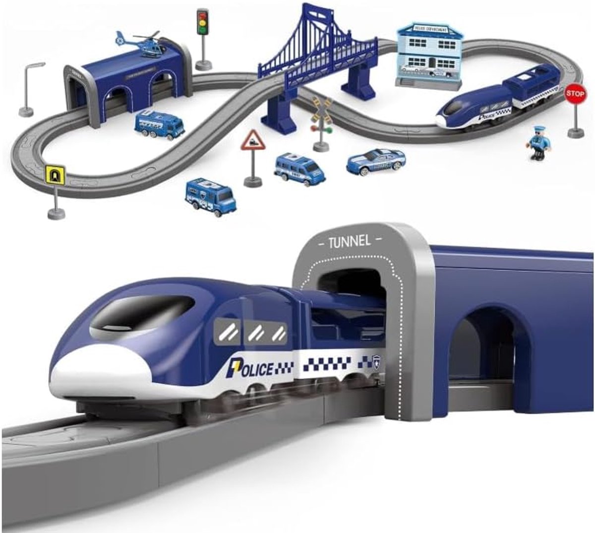 Politiespeelgoed spoorwegset voor kinderen, 66-delig, elektrische speelgoedbaan met tunnel, brug en treinen, politieauto en accessoires, interactieve spoorbaan, cadeau voor jongens en meisjes