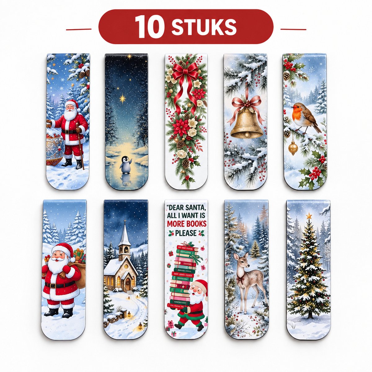 Viwado® Magnetische Boekenleggers 10 Stuks – Kerst Boekenlegger Set – Kerstmis Boekenleggers met Kerstman, Sneeuwlandschap, Rendier en Kerstboom – Cadeau voor Boekenliefhebbers – Kerstdecoratie voor Boeken