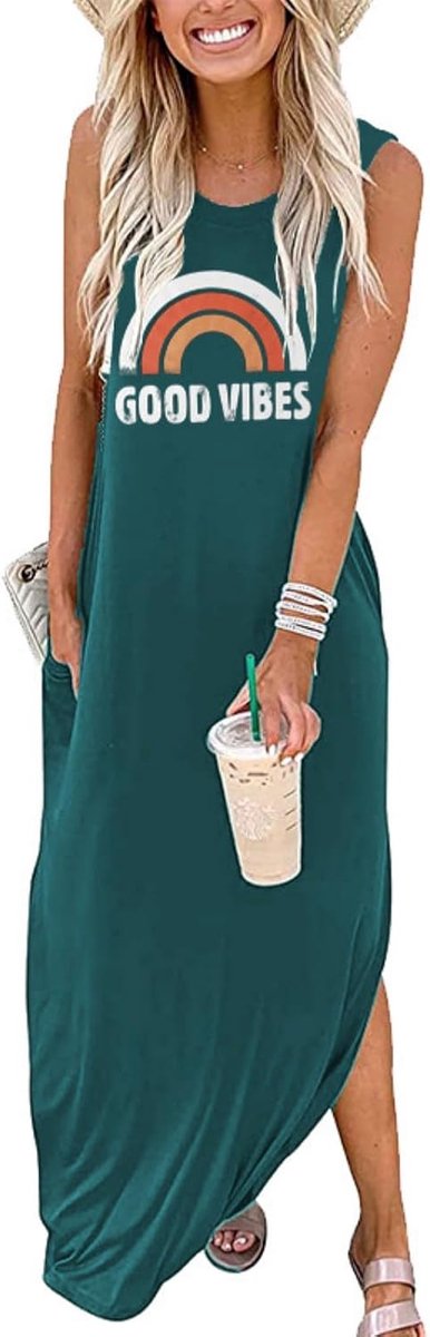 zomerjurk voor dames, mouwloos, losvallende strandjurk, casual, T-shirtjurk met zakken, print Good Vibes