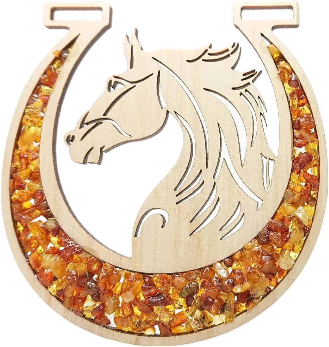 Raamafbeeld raamdecoratie zonnevangers Suncatcher barnsteen in berk hout paard met hoefijzer Ø 11, incl. cadeauverpakking
