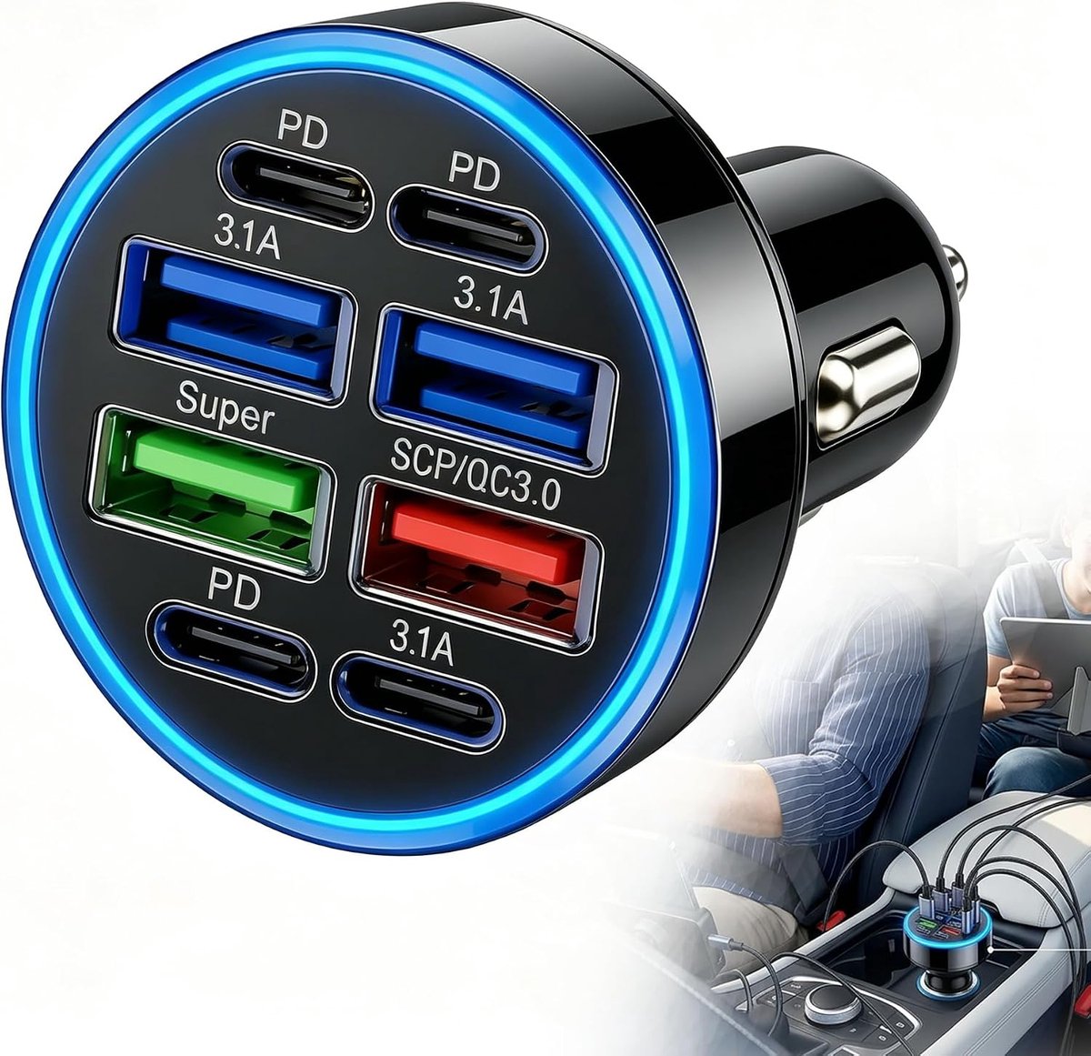 Oplader voor sigarettenaansteker, 50 W, 8 poorten, USB-adapter, auto, 4 USB-A en 4 USB-C, meervoudige stekker, snel opladen, auto-accessoires 12 V-24 V voor smartphone, tablet, GPS, dashcam