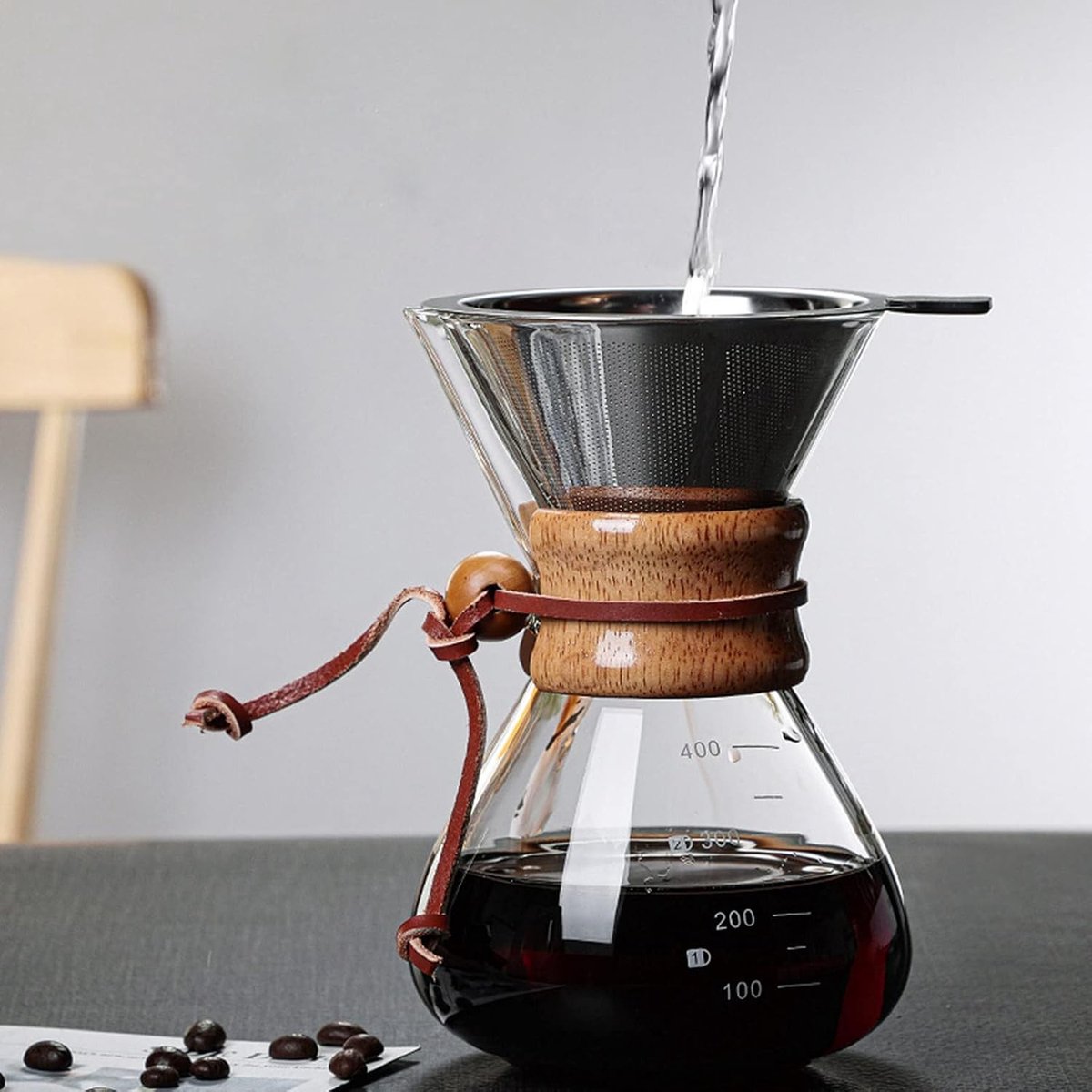 Handmatig glazen koffiezetapparaat, 400 ml, permanent filterkoffiezetapparaat van roestvrij staal met houten handvat, voor thuis, kantoor en reizen