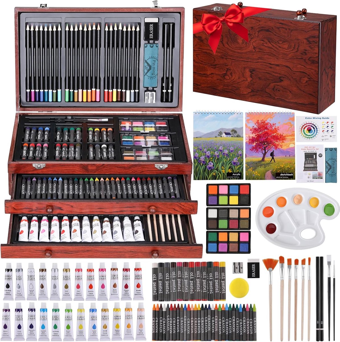 202-delige schilderset voor kinderen, deluxe schilderkoffer met kleurpotloden, tekenkoffer, schilderset met waskrijt, schildersezel, aquarelstiften, pastelkleuren, palet van uitstekende