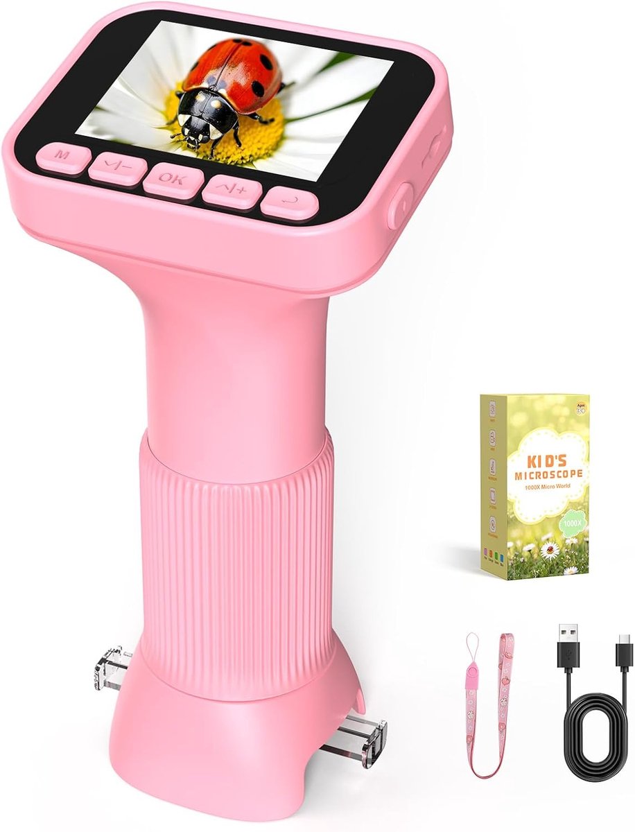 1000X Digitaal Microscoop voor Kinderen: 4K Resolutie - Bladeren/Insecten/Huidstructuren Zichtbaar - Cadeau voor 3-12 Jaar - Oplaadbaar，Roze