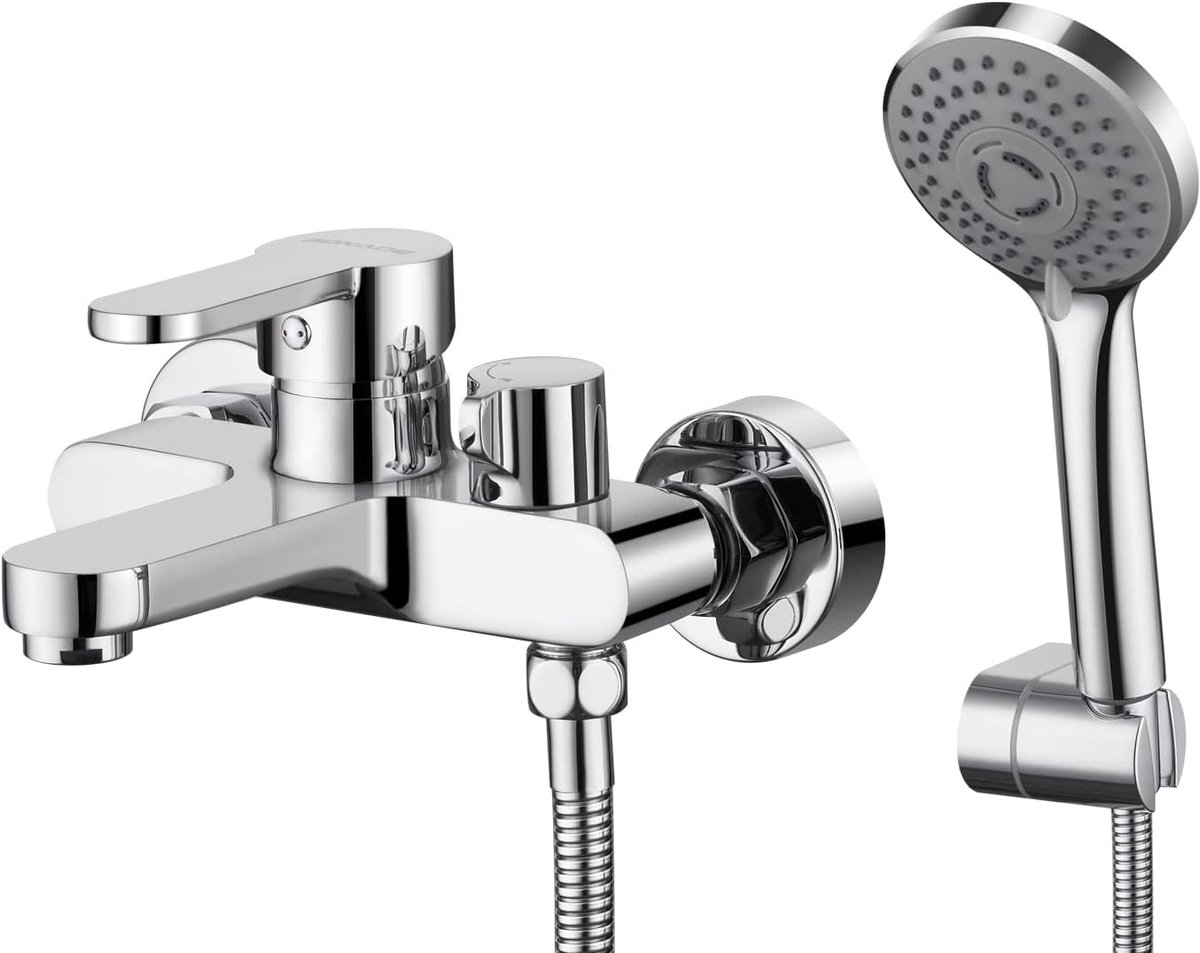Badarmatuur, badkraan met 3 straalsoorten, handdouche, eengreepsbadkraan met slang en wandhouder, badkraan, doucheset voor badkamer (chroom)