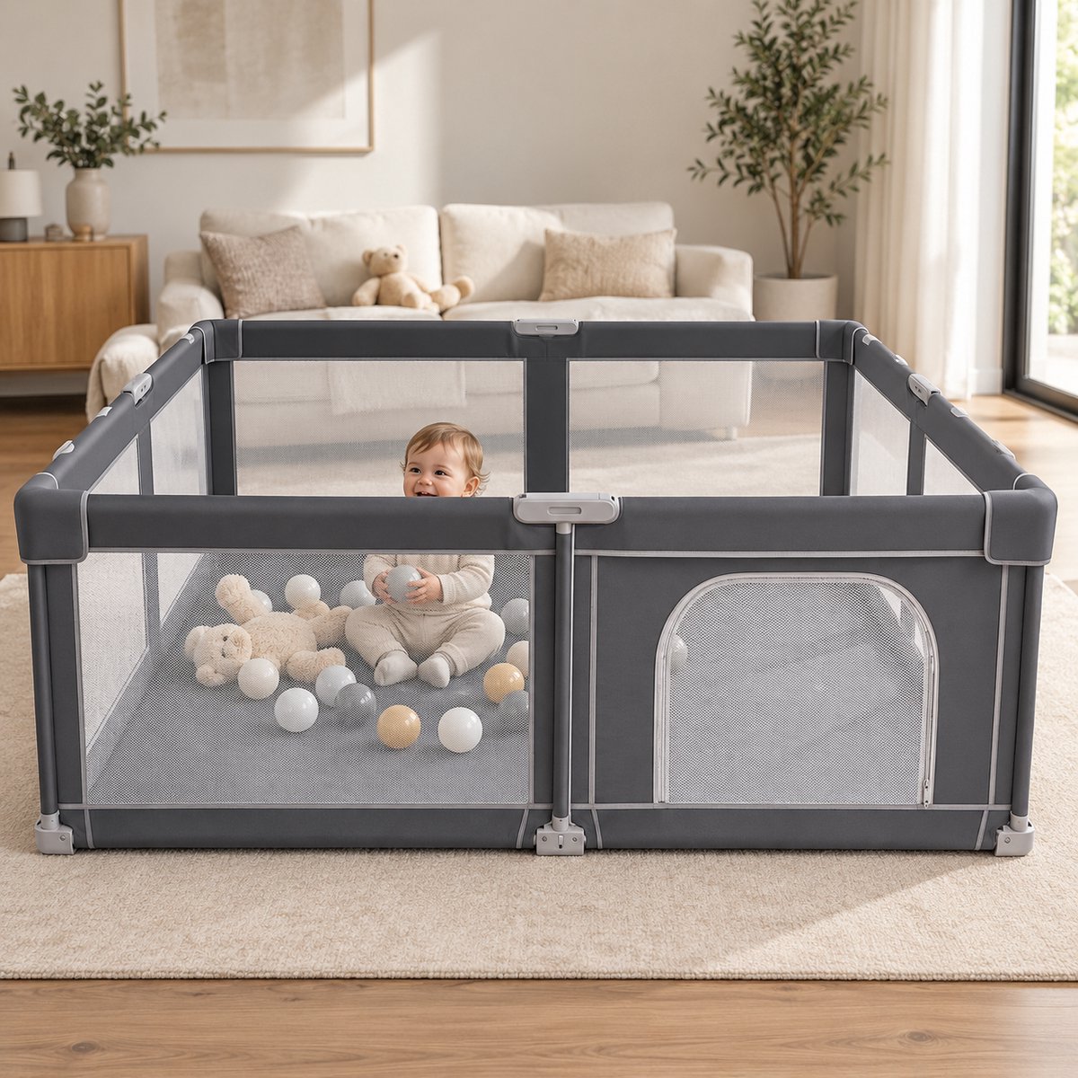 Lucellia® Grondbox Baby - Inklapbare Kruipbox & Kinderbox met Speelmat, 50 Ballen, Optrekringen & Draagtas - 130x130 cm - Donkergrijs