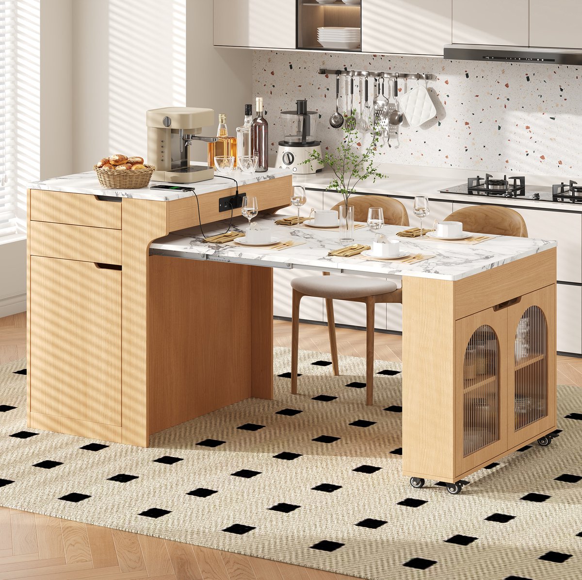 COVREO Keukeneiland met wielen en stopcontact – 55-153x80x93 cm – Uitschuifbare eettafel met lades – Sideboard voor keuken – Naturel