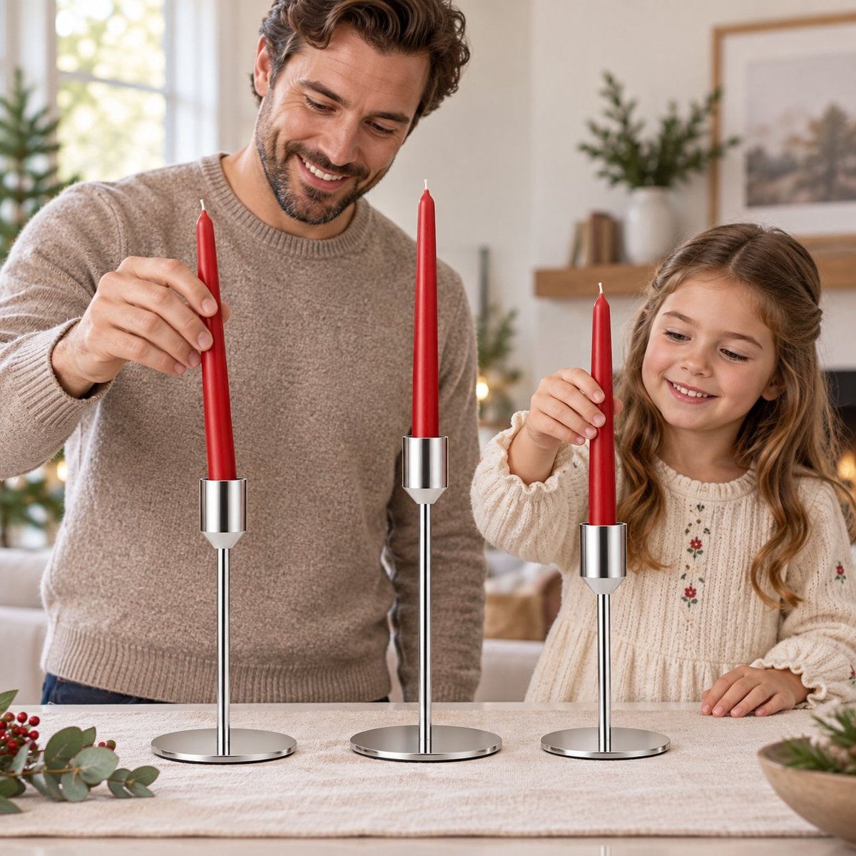 R H R&H® Set van 3 Zilveren Kandelaarhouders voor Taperkaarsen - Metalen Kandelaars in 3 Hoogtes - Woondecoratie, Bruiloft, Feest