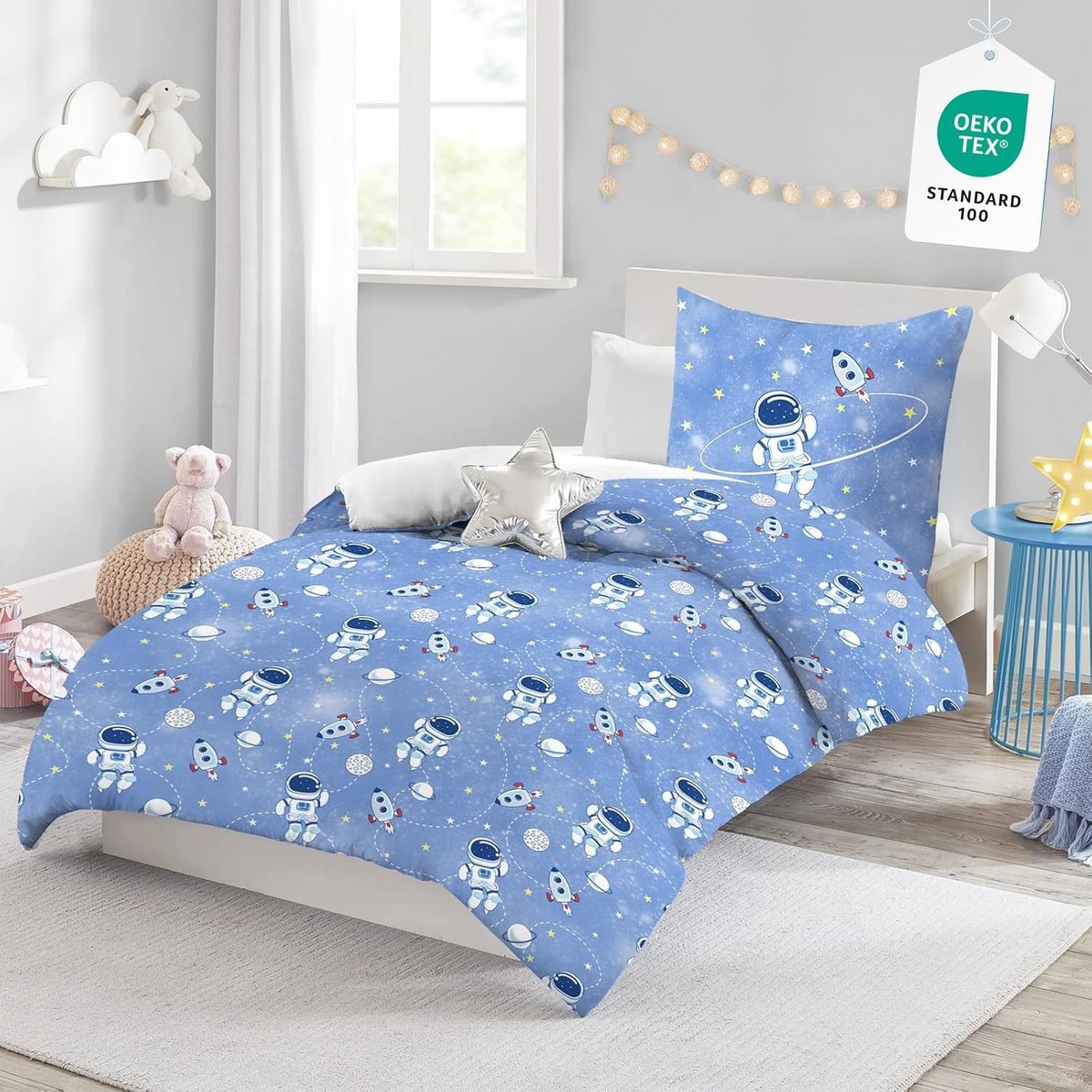 Beddengoed, heelal, kinderbeddengoed, 135 x 200 cm, blauw, universum beddengoed, voor jongens, 2-delige raketten/astronauten, ruimtepatroon, microvezel beddengoed voor tieners en kinderen (80 x