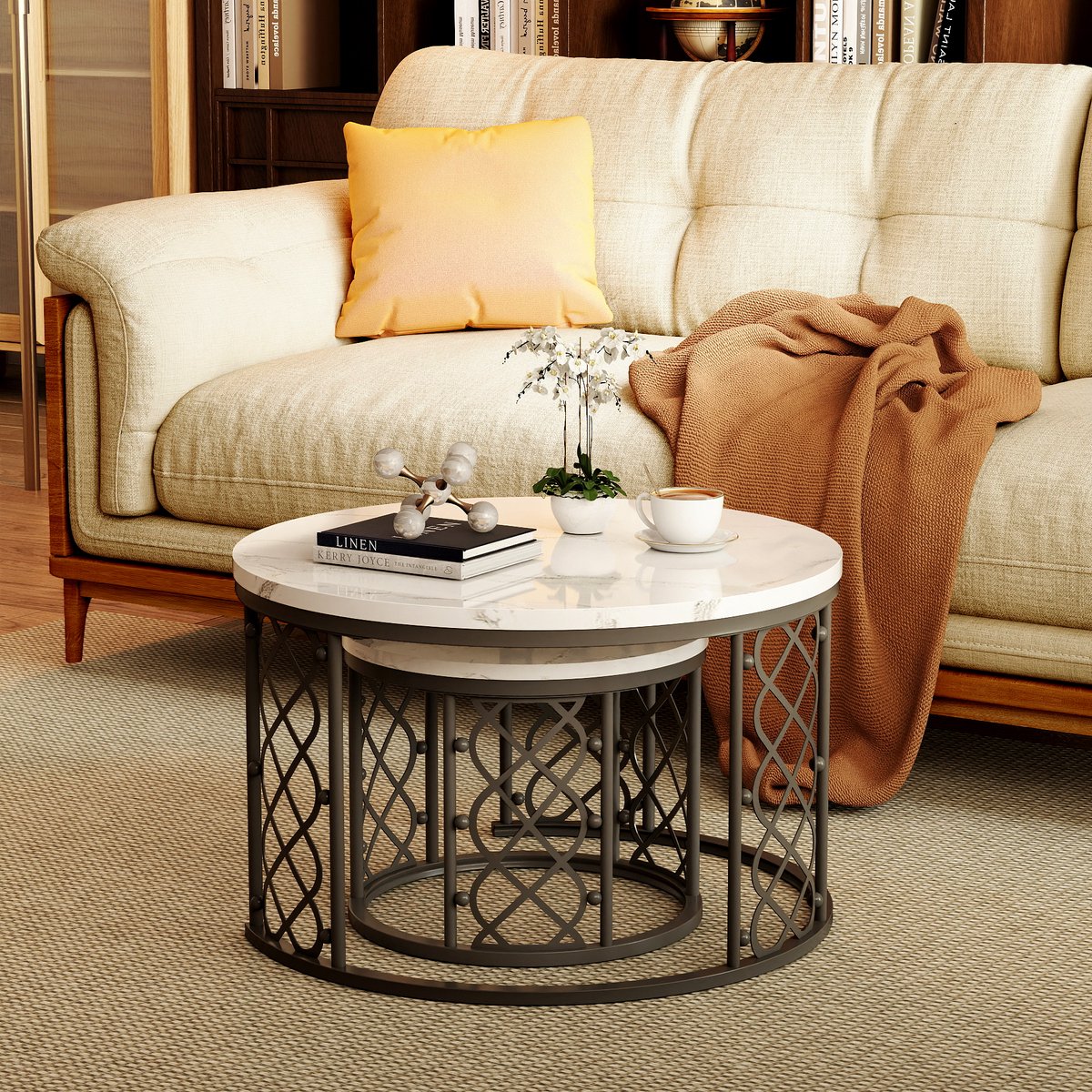 WUVRIE Salontafelset van 2 nesttafels met marmerlook MDF blad en metalen frame Wit