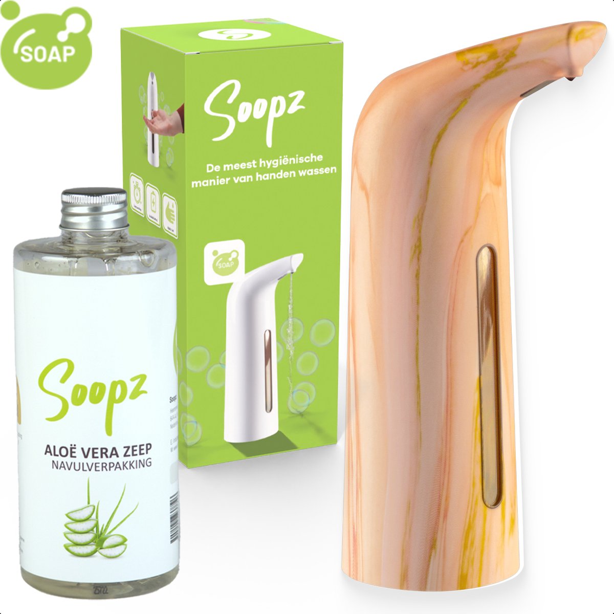 Soopz Automatische Zeepdispenser – Roze – Pink Fusion Elegance – Zeeppompje met Bewegingssensor – Met Aloë Vera Zeep