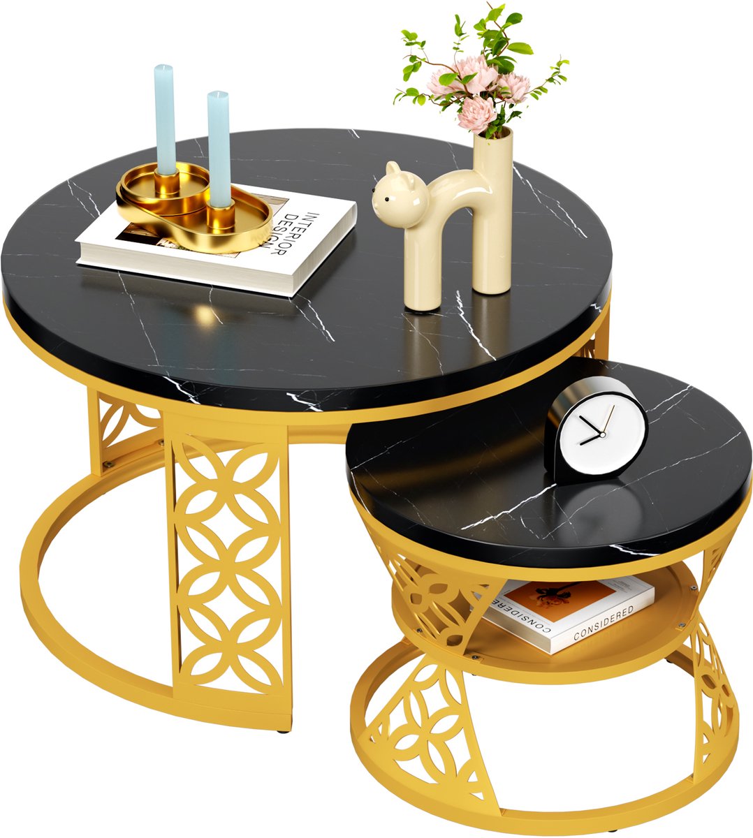MEUNIQ Salontafelset van 2 - zwarte tafels met marmerpatroon en goudkleurig metalen onderstel - grote tafel 70 x 70 x 45 cm en bijzettafel 45 x 45 x 37 cm Zwart++Goud