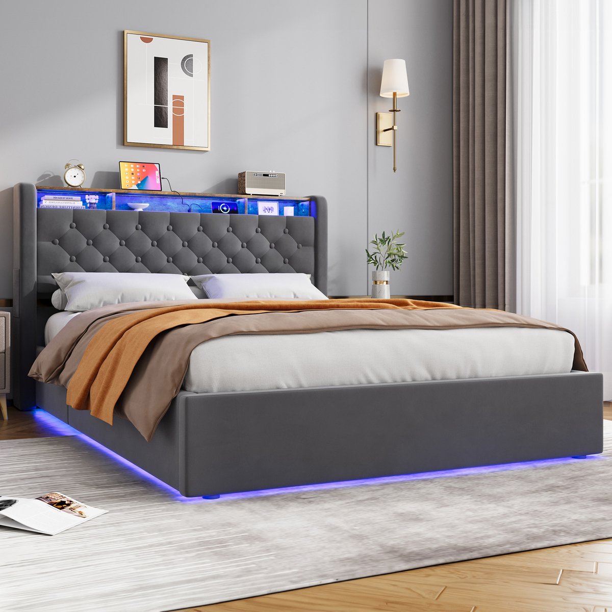 WUVRIE Gestoffeerd bed 140x190 cm met hydraulische opbergruimte, LED, USB-C en hoofdbordplank, grijs