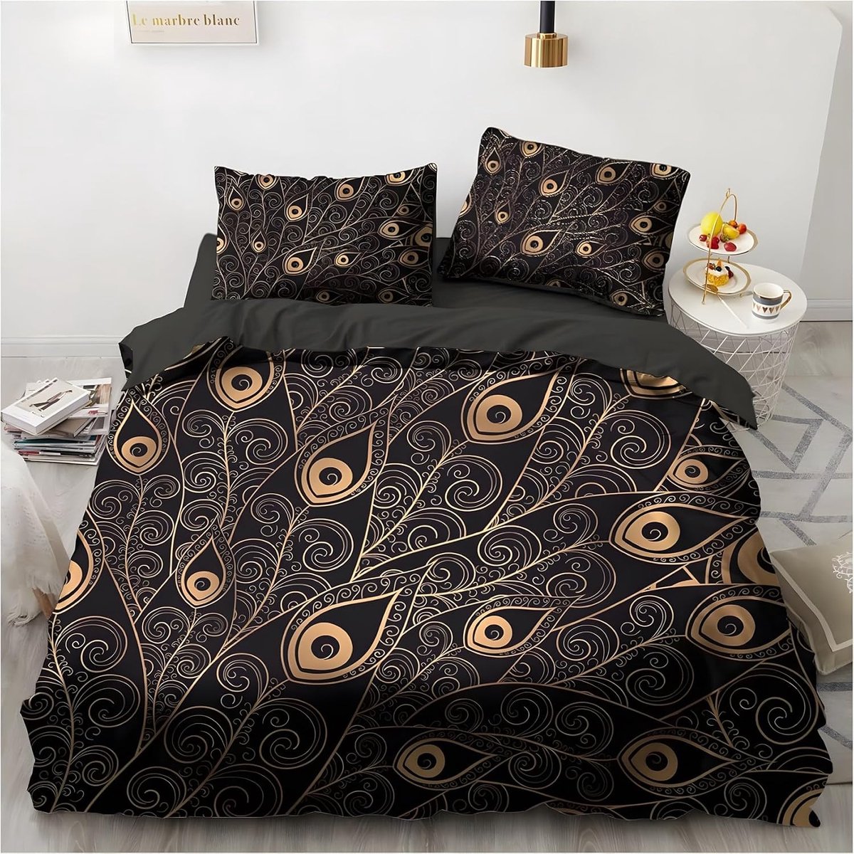 King Dekbedden Set Pauwenveren Beddengoed Set Microfiber Zwarte Achtergrond Dekbedovertrek met Kussenslopen Omkeerbaar Beddengoed Met Ritssluiting 260x220CM