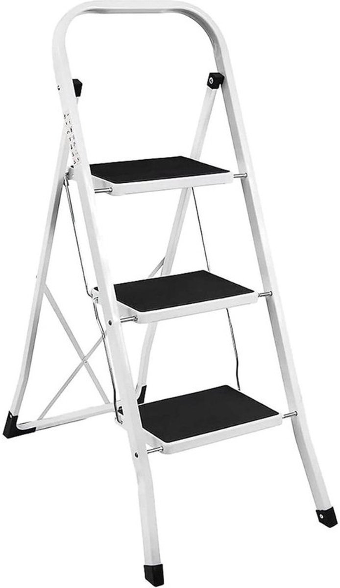 Opvouwbare 3-stappen ladder trapladder met antislip rubberen loopvlak - veiligheidsslot - staal EN131 en CE standaard - wit Ladder