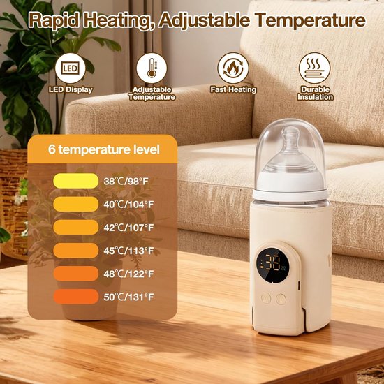 Draagbare fleswarmer, draadloze USB fleswarmer, LED-display, 6 temperaturniveaus 38-50 °C, 8000 mAh elektrische fleswarmer voor moedermelk, 24-uurs isolatie voor auto en reizen van Merkloos — afbeelding 2