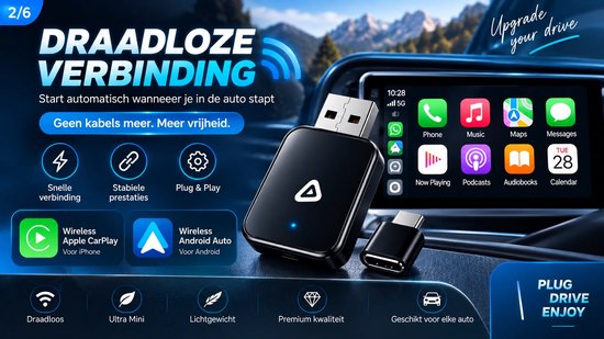 4-in-1 Wireless CarPlay Adapter – Draadloos Apple CarPlay & Android Auto – AirPlay & Mirror Link – USB-A & USB-C – Plug & Play – Ultra Mini — afbeelding 5