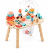 Houten activiteitentafel met xylofoon, kralenbaan, autootjes, stapelringen, tandwielen en vormensorteerder.