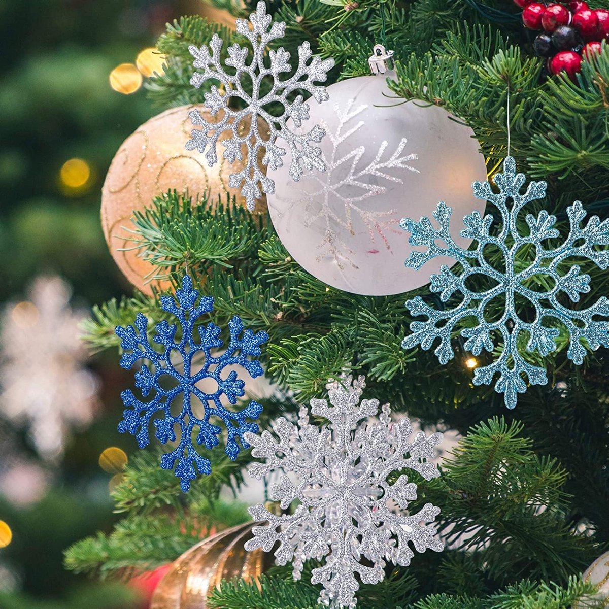 Decoratieve sneeuwvlokken voor kerstboom voor kerstdecoraties, 24 stuks, kerstdecoratie voor thuis, wit, zilver, blauw, koningsblauw