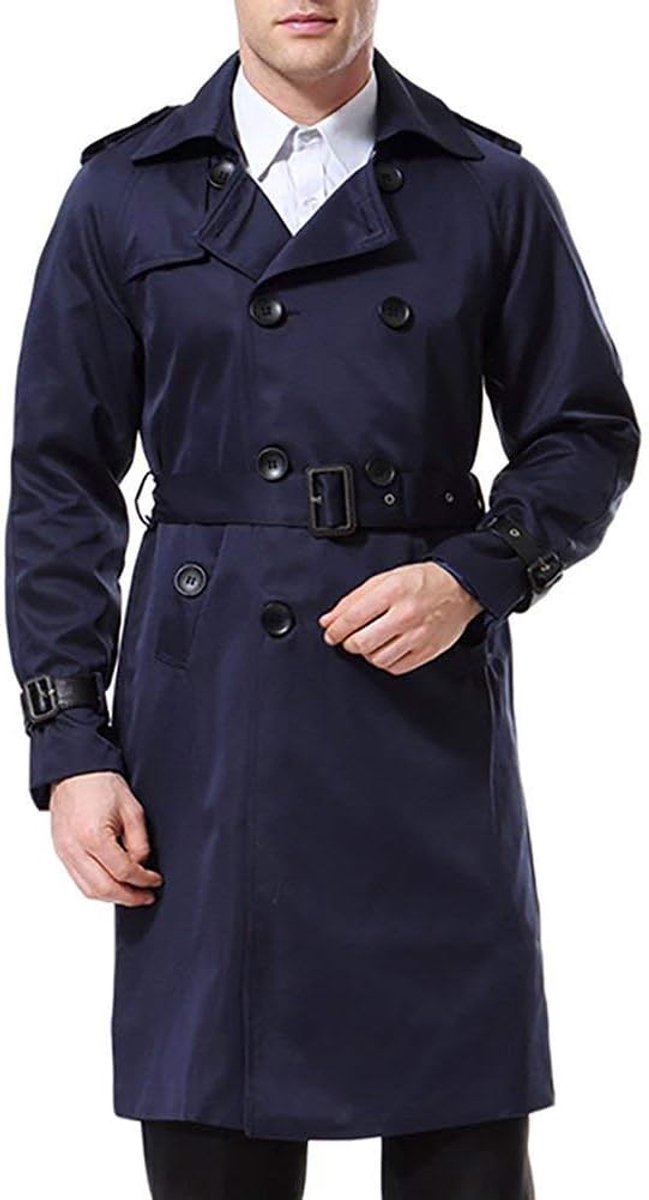 Trenchcoat voor heren, lang, slim fit, dubbele rij mantel in militaire stijl, trenchcoat met riem, herfst en lente
