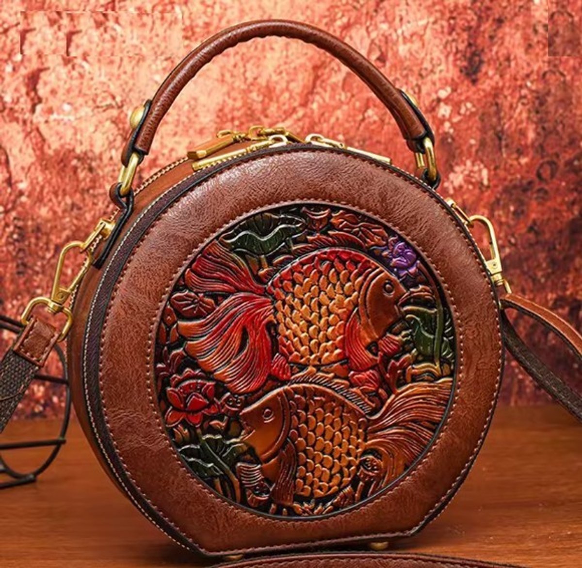 Hetty'S - Luxe handtas - Uniek rond model - met Goudvissen - Leer - Maat 20 X 19 X 9 cm