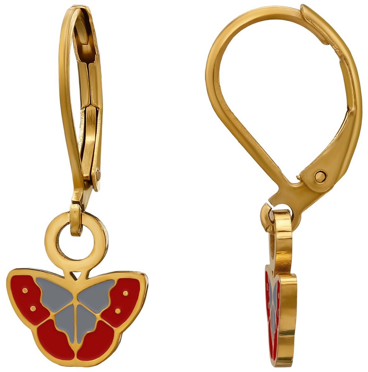 Joy|S - Vlinder bedel oorbellen - Brisure sluiting - Chirurgisch staal - rood grijs - ip/pvd gold plated - vlinders met leverback - kinderoorbellen