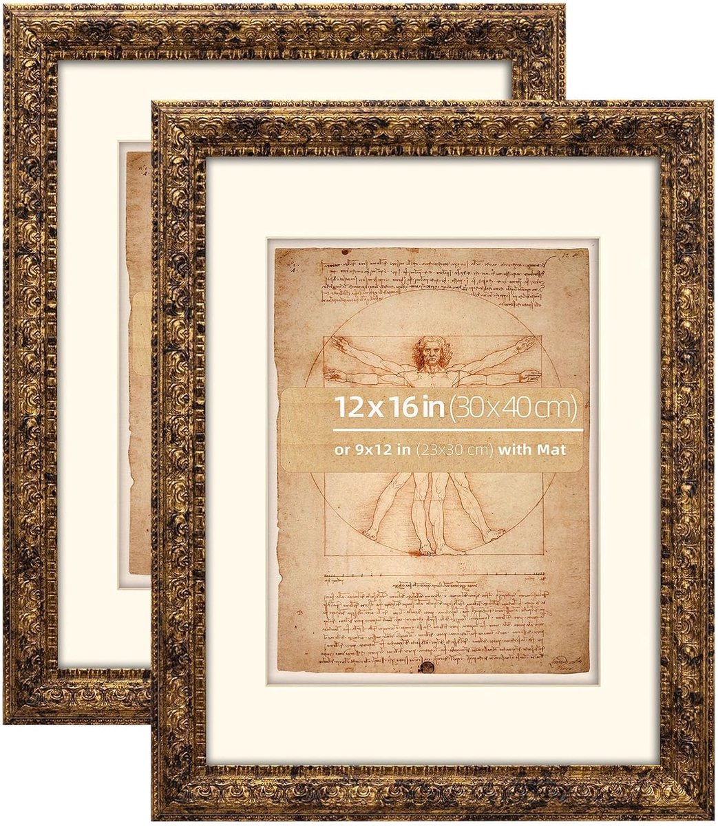 gouden sierlijke fotolijst, 30,5 x 40,6 cm, met mat voor foto's van 9 x 12 inch, bescherming van plexiglas, 2 stuks