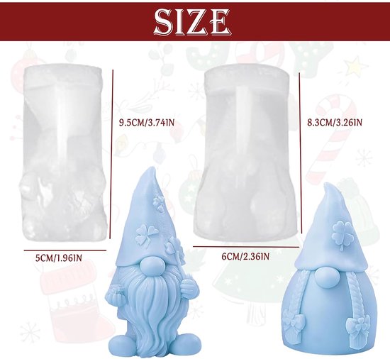 2 stuks siliconen vormen voor kerstman, gietvormen, 3D-kaarsen, Kerstmis, siliconen vorm, kerstman, siliconen kaarsvorm, kabouter, siliconen vormen voor doe-het-zelf zeep, was, kaarsen, — afbeelding 2