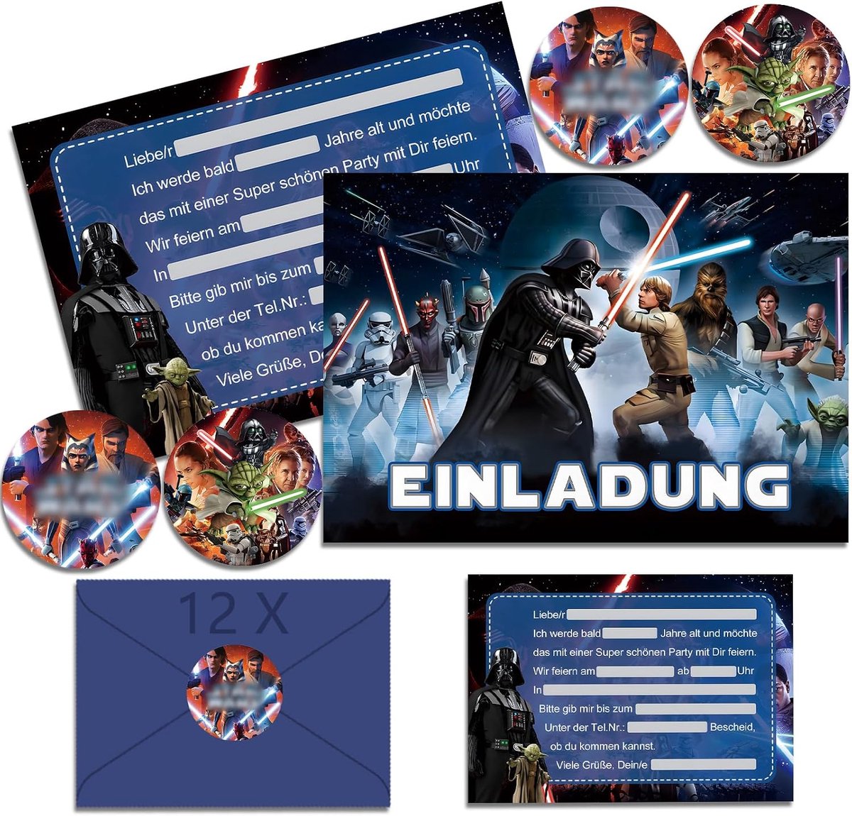 12 x Star War uitnodigingskaarten voor kinderverjaardag jongen met envelop Duits, Star War verjaardagsuitnodigingen voor jongens, cartoon uitnodigingskaarten, verjaardagsset voor themafeest