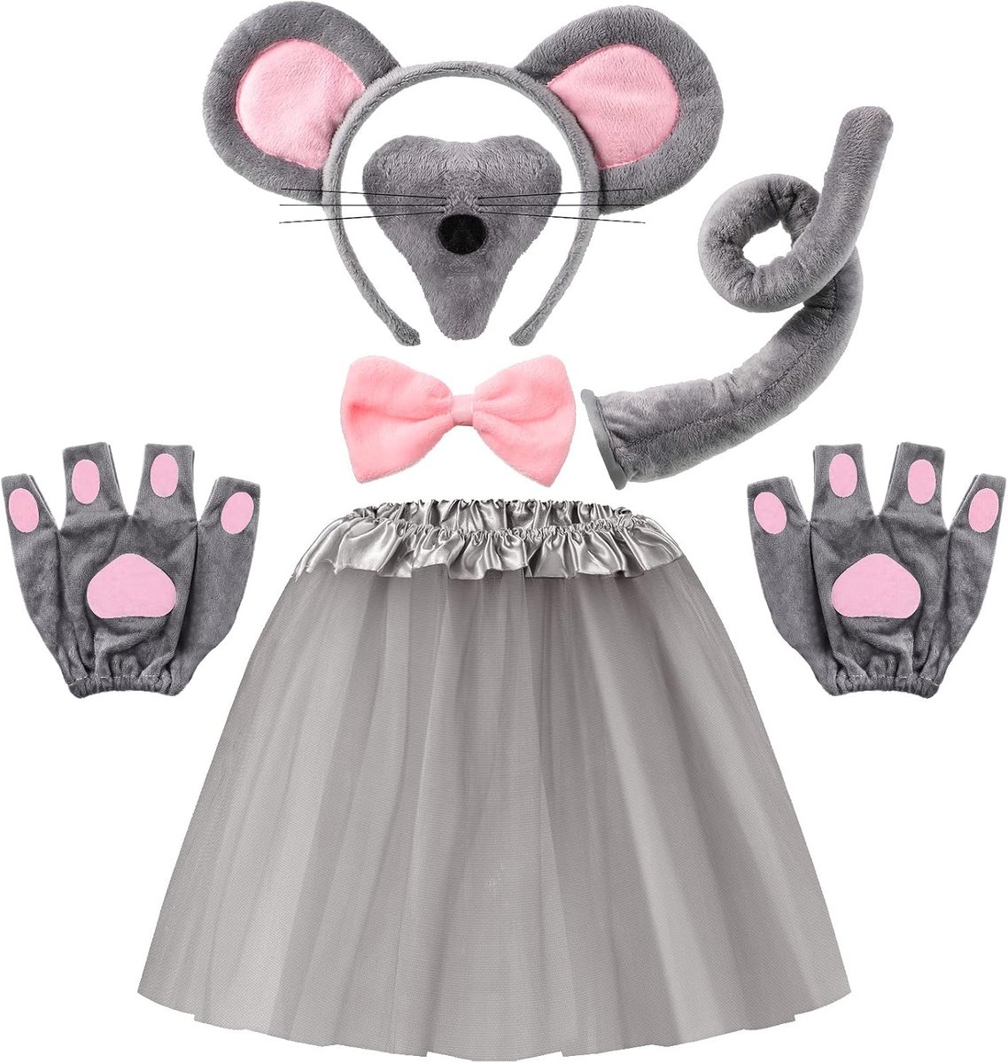 6 stuks Halloween Rat Kostuum Muis Kostuum Accessoire Set, Muizen Hoofdband Muizen Oren Neus Vlinderdas Staart Tutu Rok Handschoenen voor Volwassen Carnaval Wereld Boek Dag Cosplay