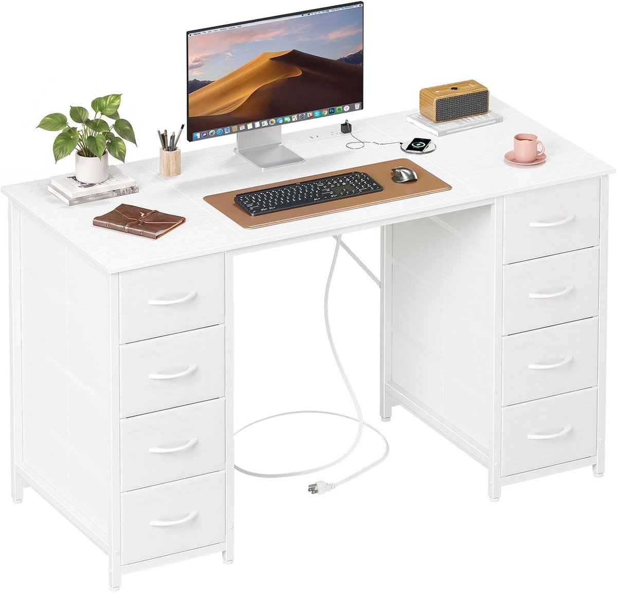 Bureau, Stopcontact, 8 Stoffladen, Gaming Bureau, 1,2m, Wit