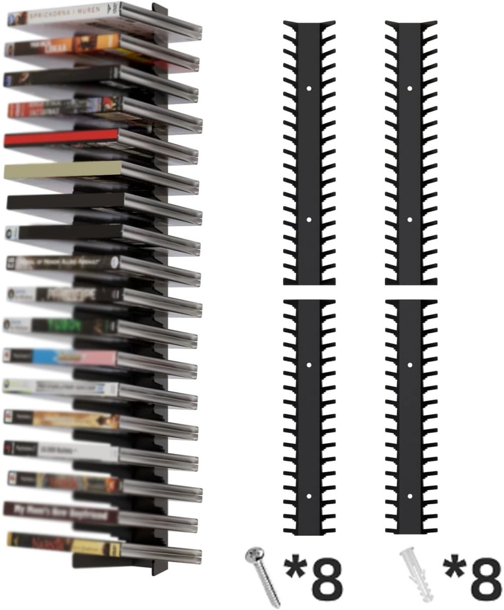 Game Collectie Wandplank, Set van 4, Opbergoplossing voor tot 72 Spellen, Ruimtebesparende Wandmontage voor 11-15 mm Dikke Hoezen, Ideaal voor Spelletjesliefhebbers