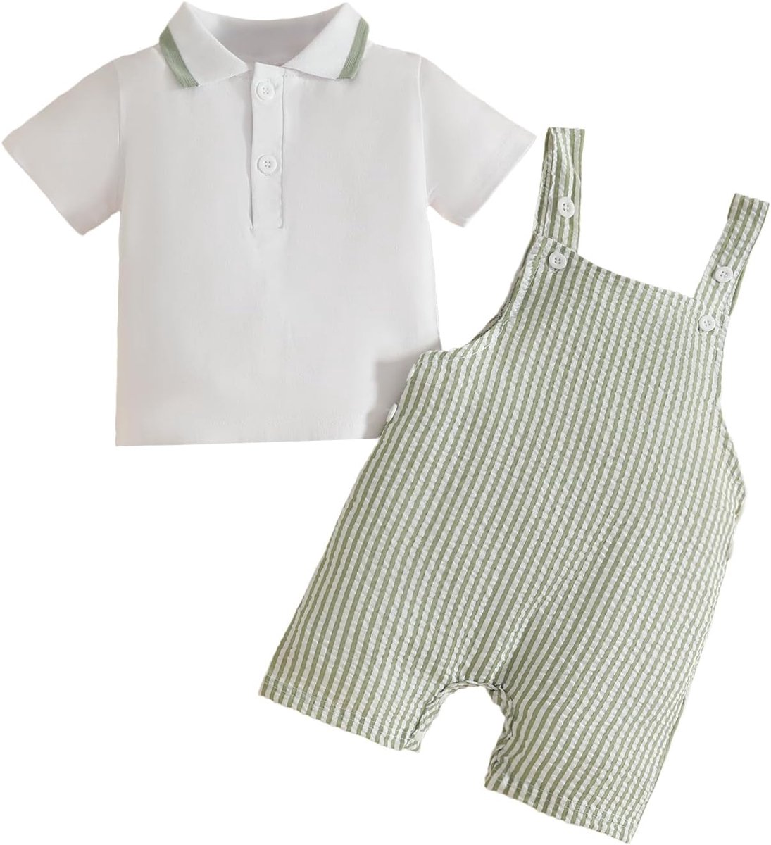 Babykleding voor jongens met korte mouwen, poloshirt met contrasterende kraag + casual eenkleurige tuinbroek voor jongens, 2-delige outfit voor lente en zomer
