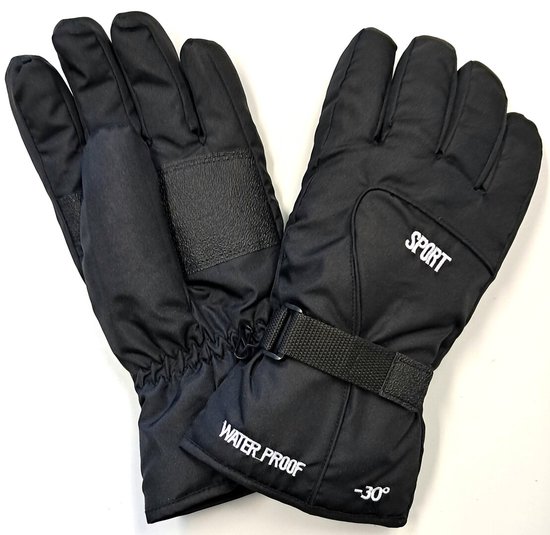 Zwarte winterhandschoenen, "SPORT", "WATER PROOF" en "-30°" opdruk. Verstelbare band om pols.