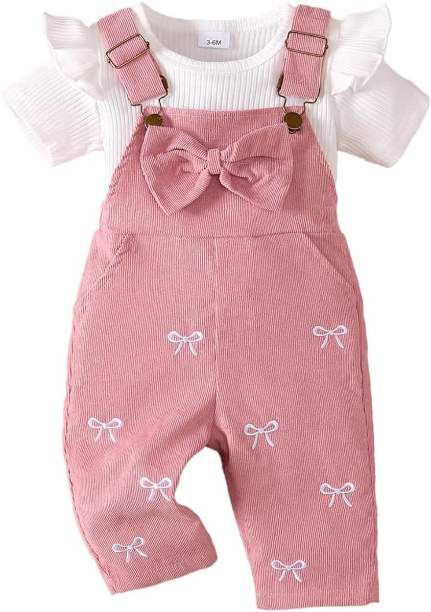 Kleding voor meisjes, top met lange mouwen van ribgebreide broek met bretels en zakken, kledingset