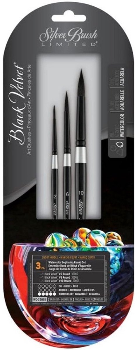 Aquarel Penseel Set Rond - Set van 3 Zachte Zwarte Fluweel Penselen voor Waterverf