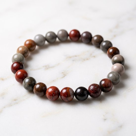 Armband met ronde, gemêleerde kralen in aardetinten bruin, grijs en rood op een marmeren ondergrond.